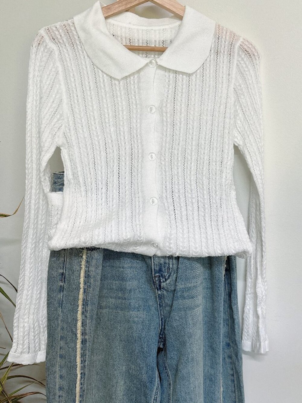 White Button-Up Pointelle Sweater with Peter Pan Collar